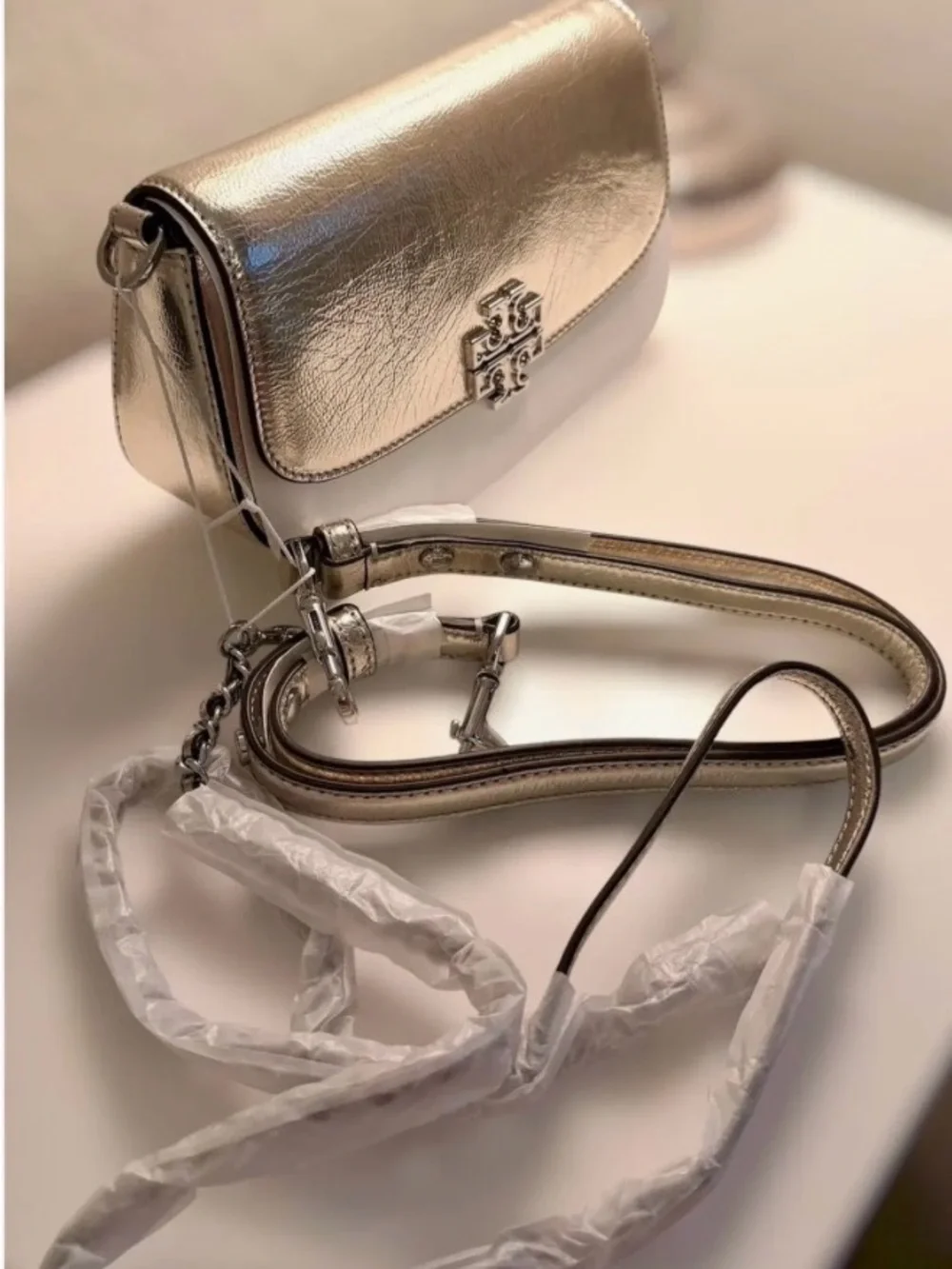 Tory Burch Metallic Gold Leather Clutch with Logo Hardware